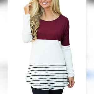 Zenana Premium Burgandy and White Colorblock Long Sleeve Tee